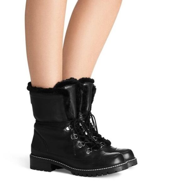 Stuart Weitzman Luge Boots Leather Faux Shearling Lace Up Mid Calf Combat Boots - Picture 2 of 16